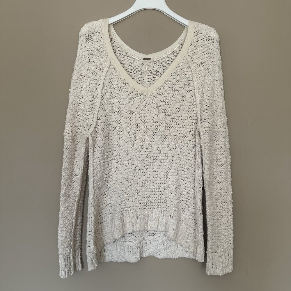 Free People Women XS Songbird Long Chunky Sweater Ivory V Neck Raglan Sleeve - Picture 2 of 8